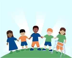Kids on grassy hilltop holding hands